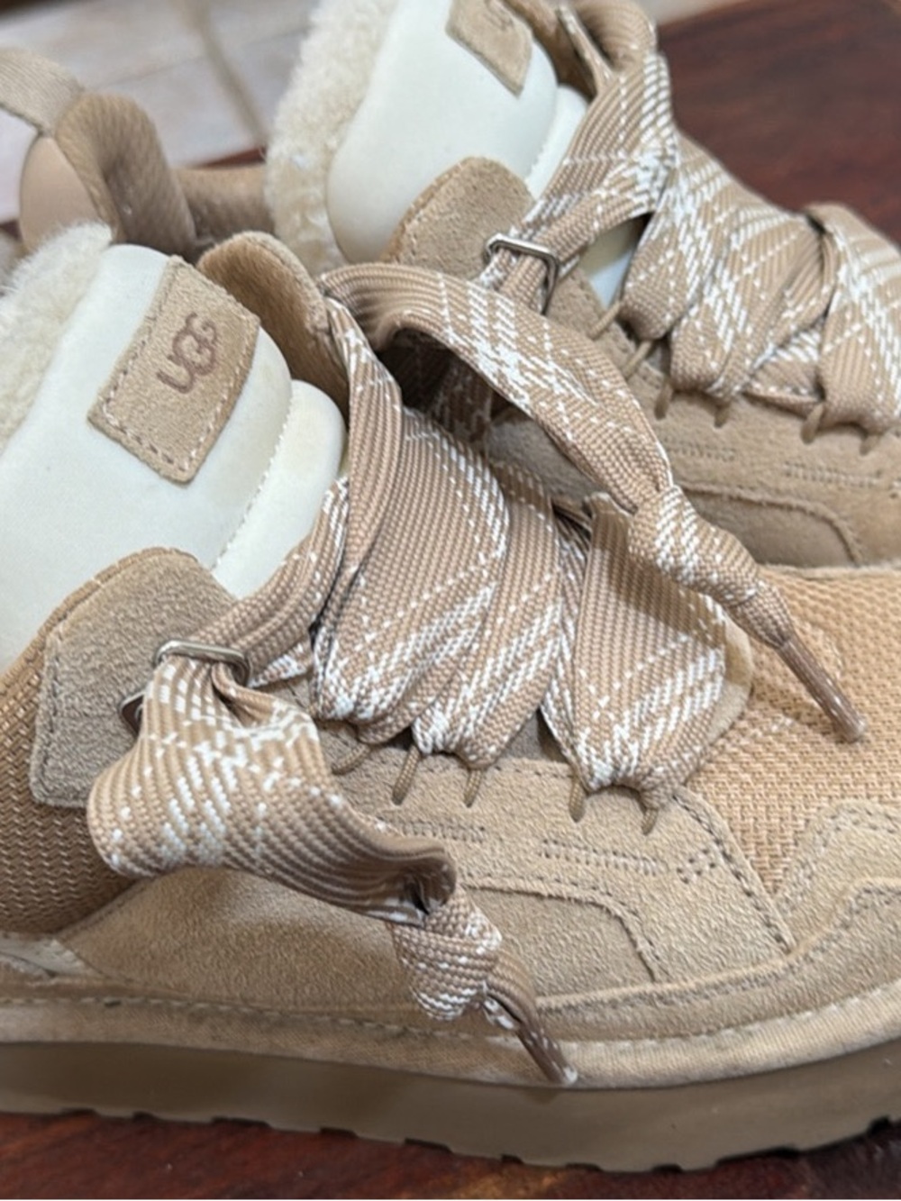 UGG Tan Suede Lace-Up Boot Sneakers with Cream Collarc